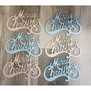 Merry Christmas Tree Ornaments Light Blue & Pink Glitter CandyLand 6 Pc 8.5" NEW